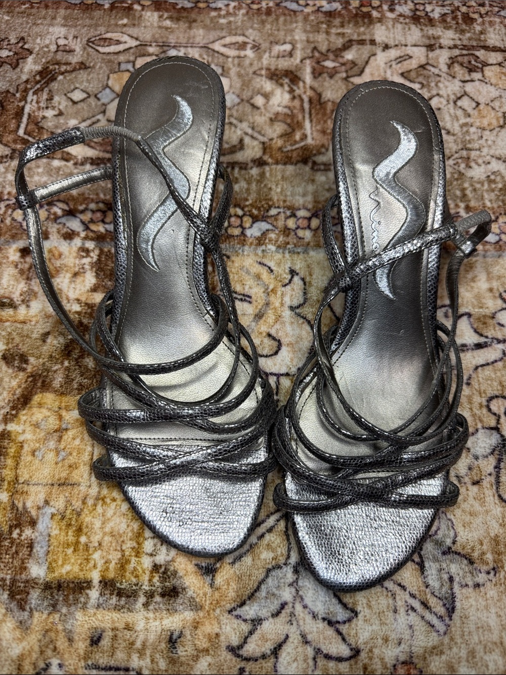 Nina Strappy Metallic Silver Women's Sandals Kitten Heels